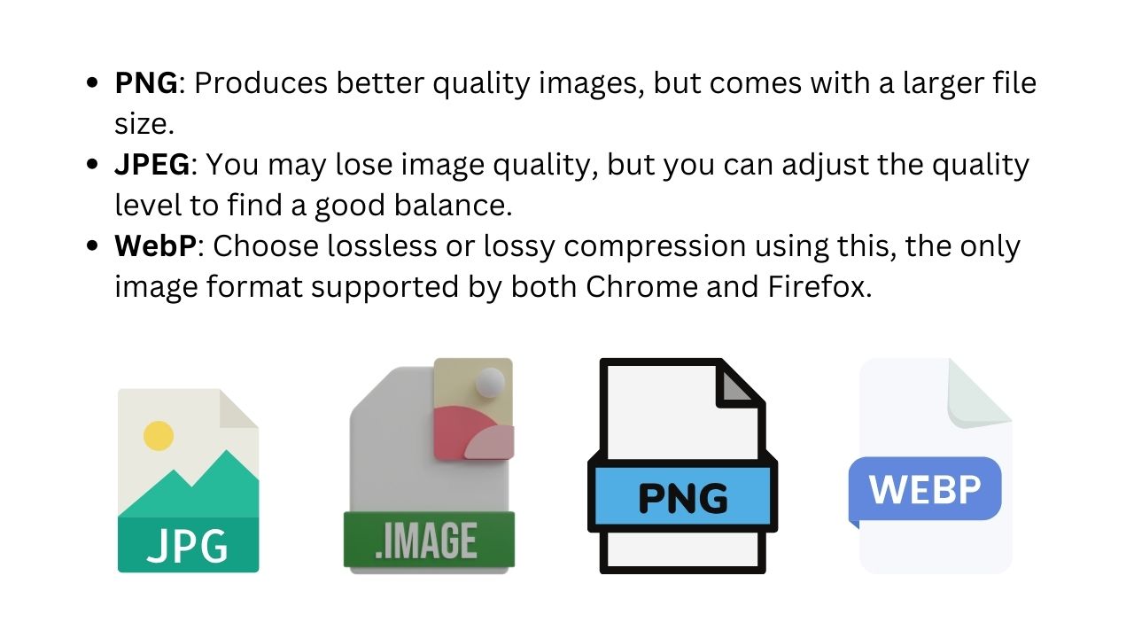 Comparison of Image Formats - A visual representation of image format options. PNG for high quality with larger file size, JPEG for adjustable quality, and WebP as a versatile choice for lossless or lossy compression, supported by Chrome and Firefox.