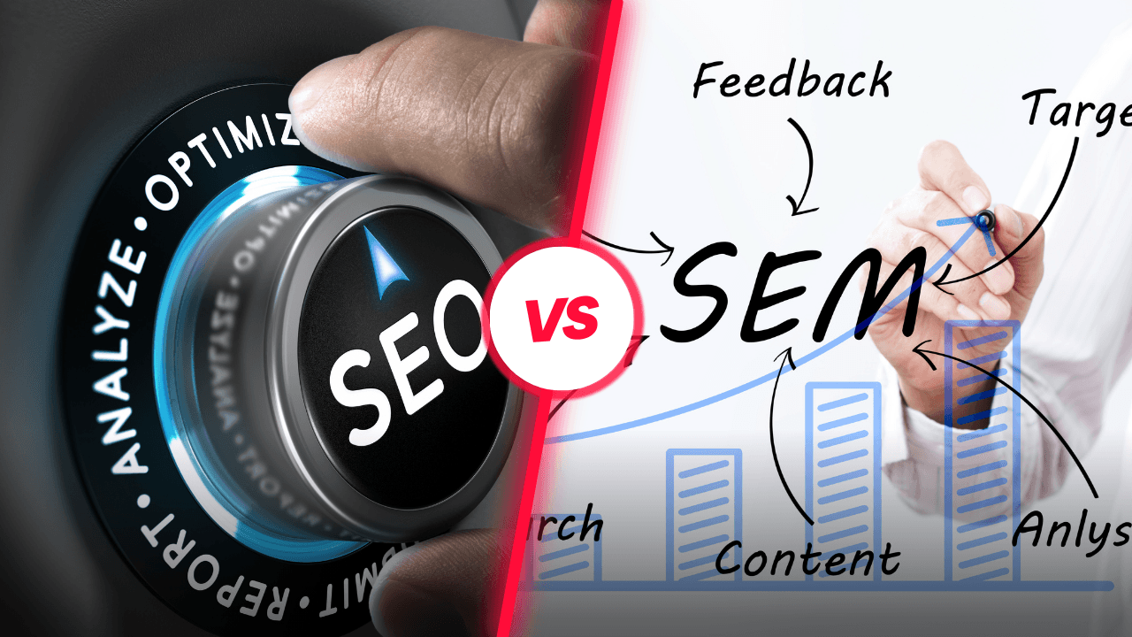 An image illustrating a comprehensive comparison between SEO (Search Engine Optimization) and SEM (Search Engine Marketing) for online marketing strategies.