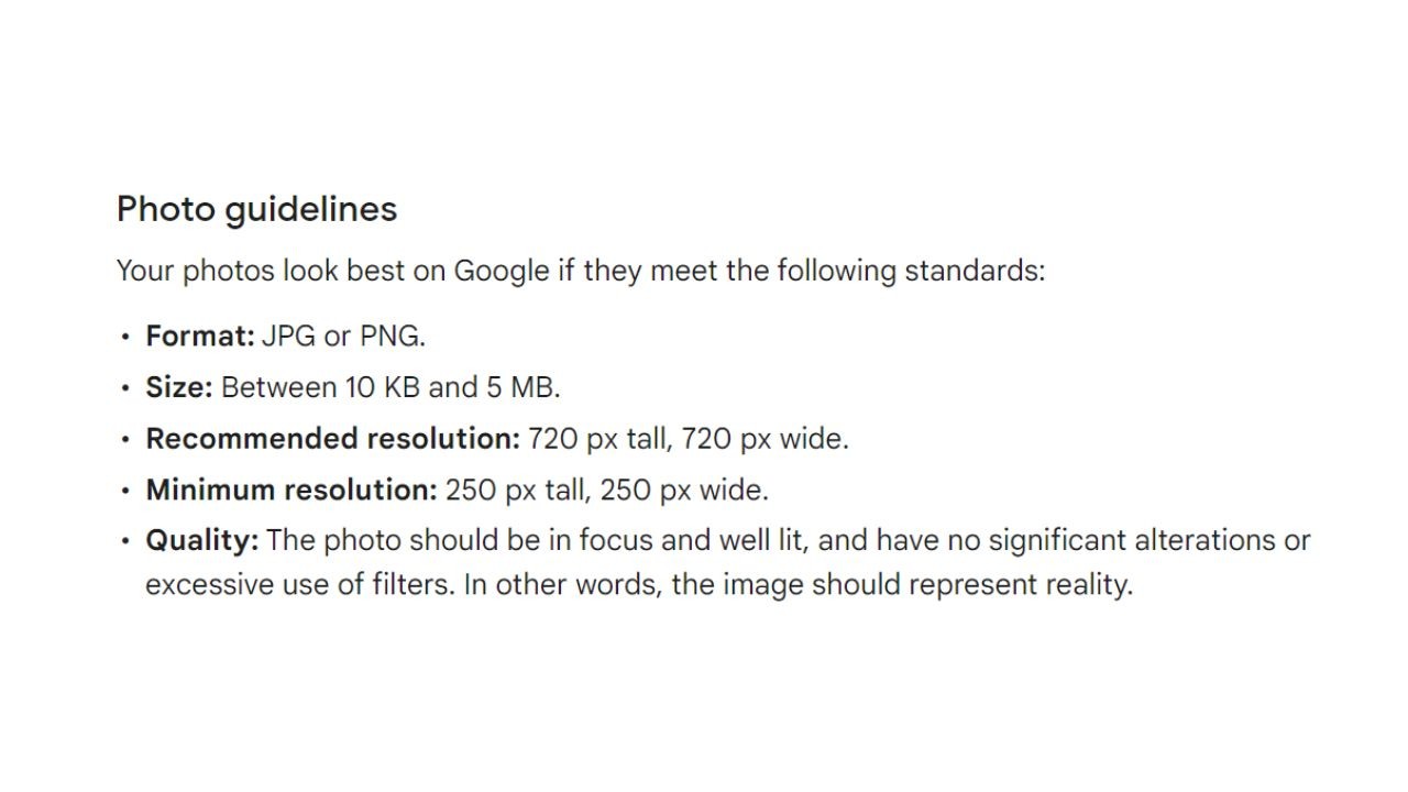 Photo guidelines for Search Engines' - A graphic displaying standards for optimizing photos on Google. Guidelines include format (JPG or PNG), size (10 KB to 5 MB), recommended resolution (720 px tall, 720 px wide), minimum resolution (250 px tall, 250 px wide), and quality criteria (focused, well-lit, unaltered, and true-to-reality representation)