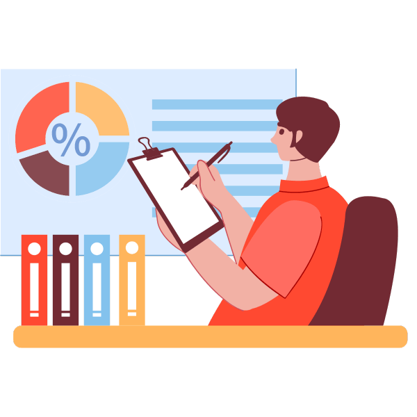 An illustration of an Albany Web Designer at a desk analyzing business data. Charts and graphs are displayed, and the designer has a thoughtful expression.